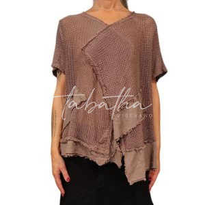 MAGLIA MEZZA MANICA COTONE RETE CON INSERTI PATCH SCOLLO A V COLOR MALVA-ORCHIDEA TAGLIA UNICA-PROVOCATION MILANO-
