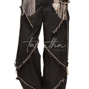 PANTALONE COTONE JEANS FORMA OVETTO CON TASCHE -ZIP- PASSANTI E APPLICAZIONI TAGLIA S NERO CREATIVITY ROOM -PROVOCATION MILANO-