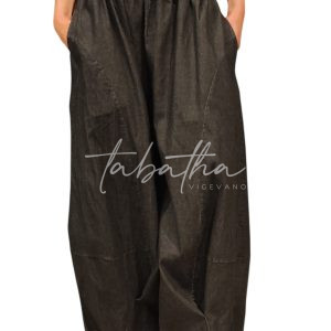 PANTALONE COTONE EFFETTO JEANS FORMA OVETTO GAMBA LARGA CON ELASTICO E TASCHE COLOR ASFALTO TAGLIA UNICA NOBLESSE OBLIGE -PROVOCATION MILANO-