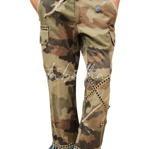 CREATIVITY ROOM - PANTALONE COTONE CAMOUFLAGE CON TASCHE-ZIP E BOTTONE CON APPLICAZIONI TAGLIA 42 - PROVOCATION MILANO-